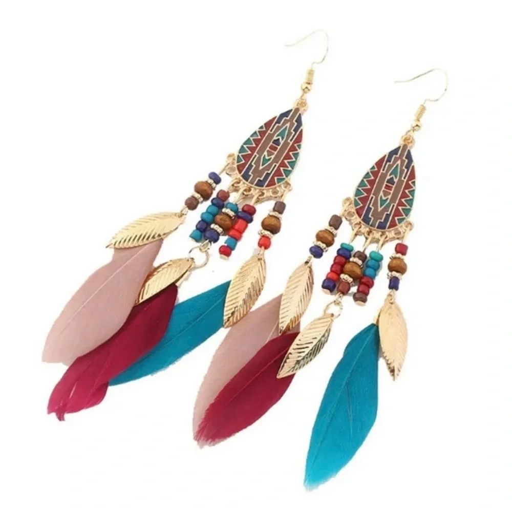 Boho Feather Dangle Earrings Southwestern Aztec Beaded Statement Jewelry NEW - Picture 1 of 6
